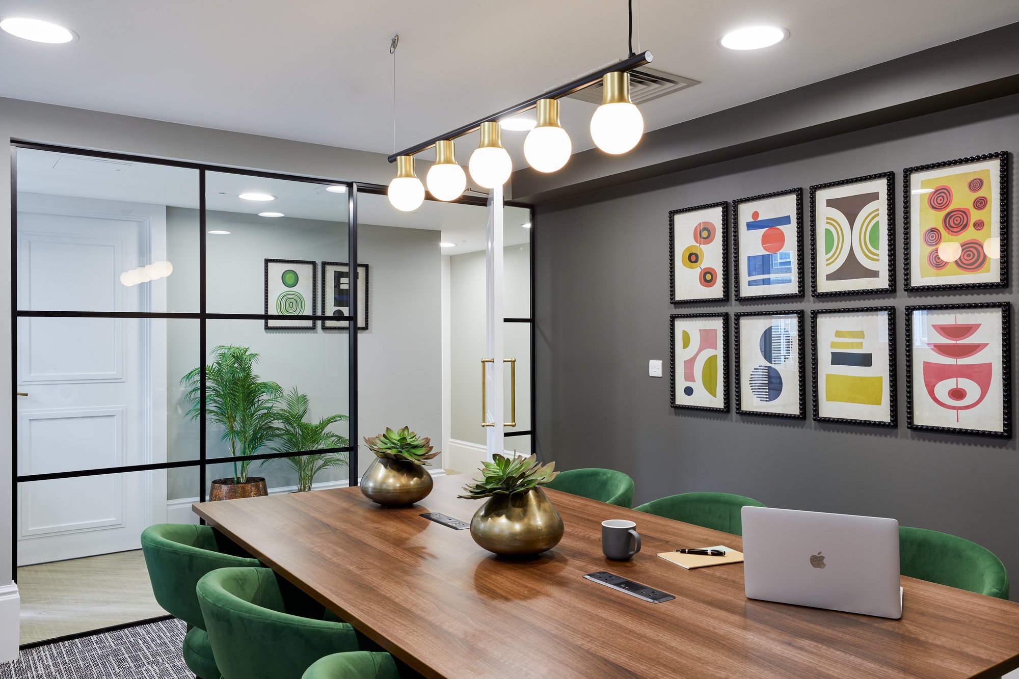 Meeting room with linear globe pendant at 6 Cavendish Square