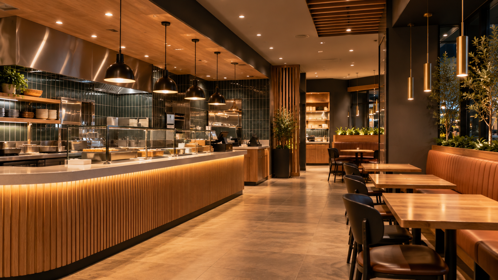 Contemporary anonymous restaurant interior with pendant lighting