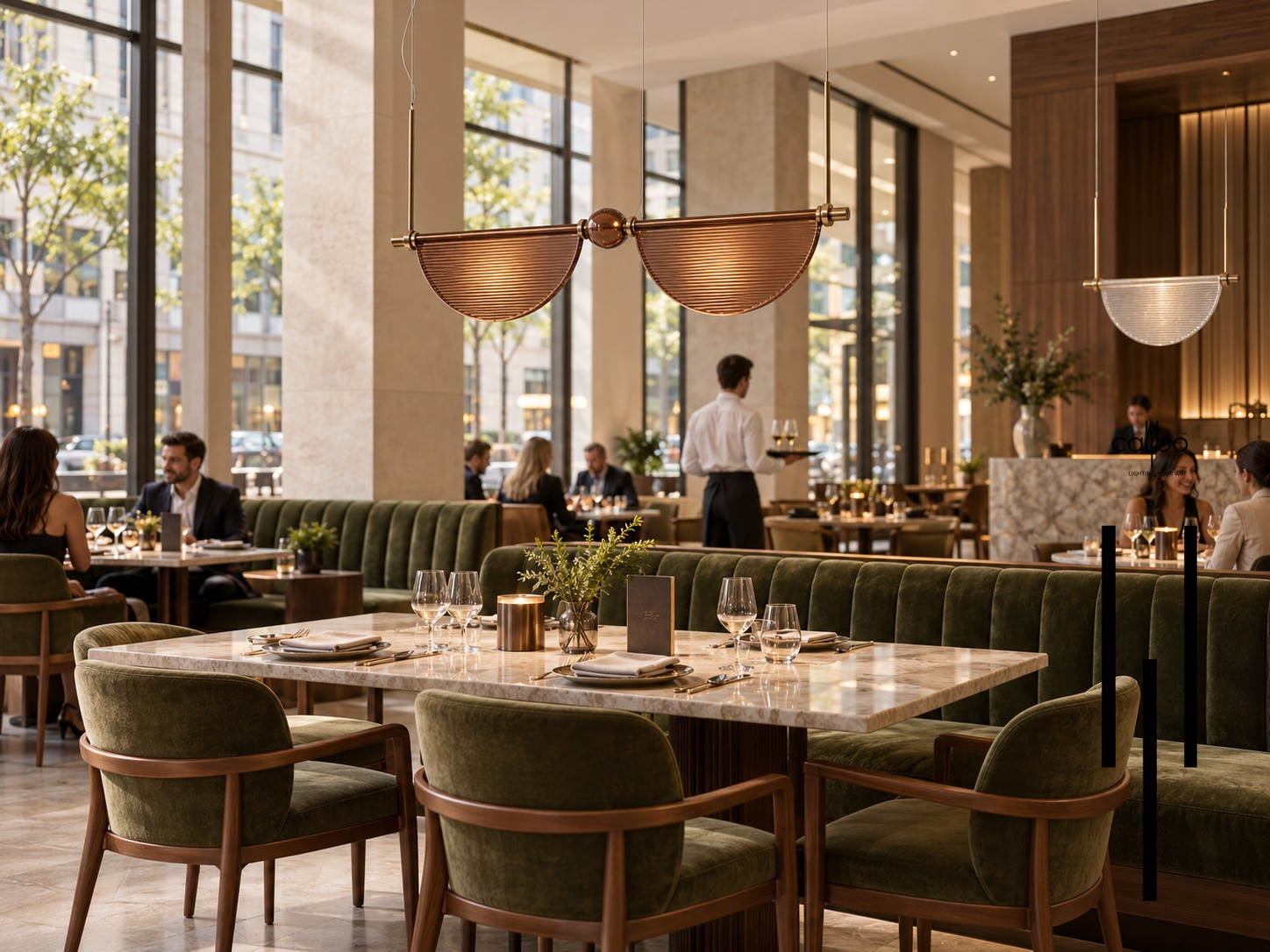 Mervaine brown twin-panel and clear single-panel pendants in a hotel restaurant